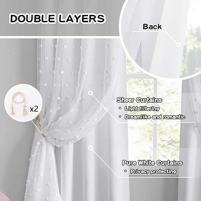 MYSKY HOME White Curtains for Kids Bedroom 72 Inches Long Pom Pom Sheer Nursery Curtains for Boys Room Closet 2 Layered Light Filtering Window Drapes for Toddler Grommet, White, 52 x 72 Inch, 2 Panels