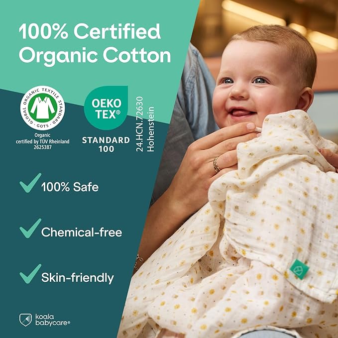 Koala Babycare 5 Pack 20"x10" Muslin Burp Cloths for Baby Boys and Girls - GOTS & Oeko-TEX Cotton Burp Rags for Newborns - Absorbent Neutral Burping Cloths for Feeding - Washable Baby Bibs Essentials