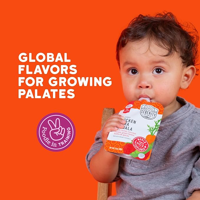 Serenity Kids 6+ Months Chicken Tikka Masala Baby Food Pouch - 3.5 oz, Pack of 12-5g Protein Snacks - Nutrient-Packed Chicken Meals - Ready-to-Serve Pureed Baby Food Pouch