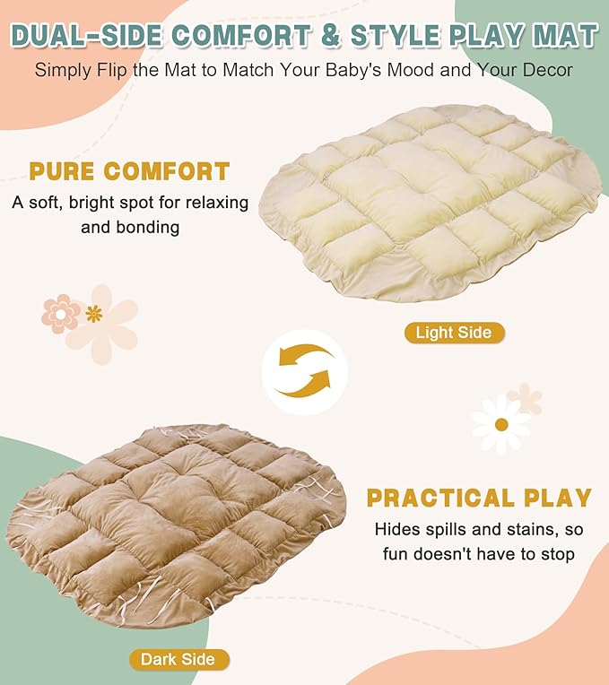 5-in-1 Baby Play Gym and Tummy Time Mat, Tummy Time Pillow & 12 Learning Cards, Plush Activity Mat with 6 Toys, Baby Gym, Convertible to Ball Pit, Cream