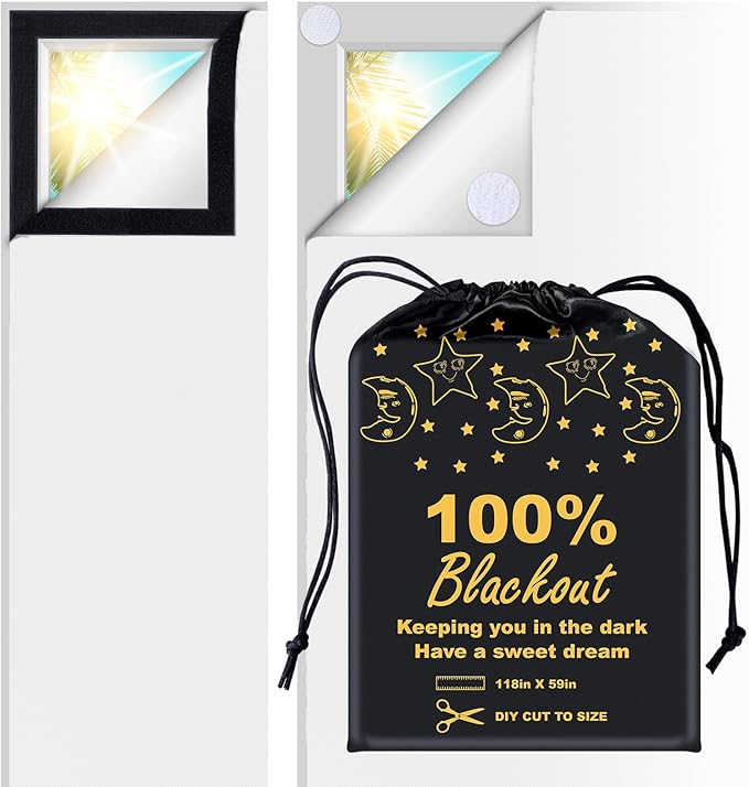100% Blackout Blind White (118"x 59") Curtains Window Cove [DIY Cut to Any Size or Shape] [Hook & Loop Tabs][ Portable Bags for Travel ] [Light & UV Blocking ] for House,Baby Nursery,Apartment