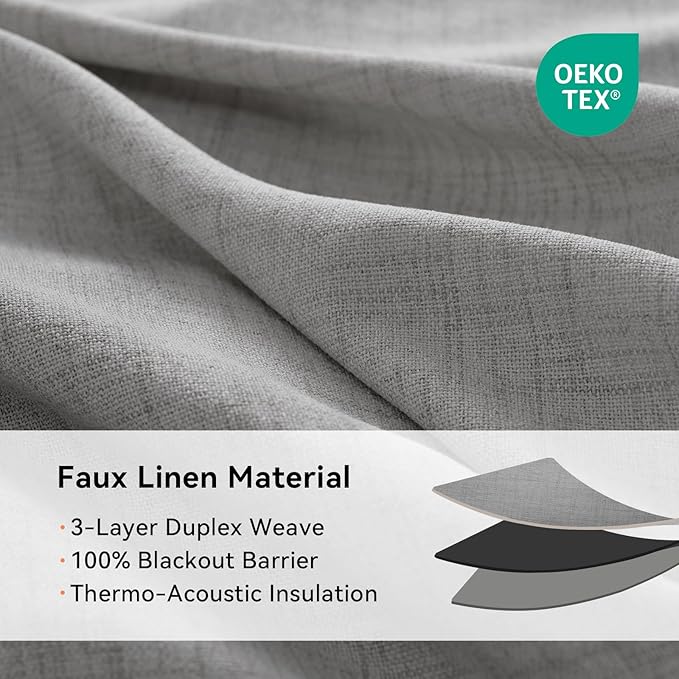100% Blackout Shield Linen Blackout Curtains for Bedroom, Grey Grommet Curtains for Living Room, Thermal Insulated Room Darkening Drapes for Nursery, Boho Home Decor, 50" W x 96" L, 2 Panels
