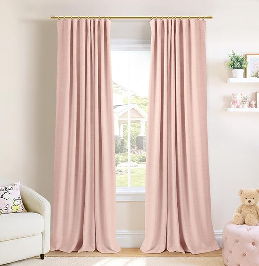 INOVADAY 100% Blackout Curtains for Bedroom, Black Out Curtains 63 Inch Long, Clip Rings Linen Blackout Drapes, Thermal Insulated Room Darkening for Living Room, 2 Panel - Blush Pink,W50xL63
