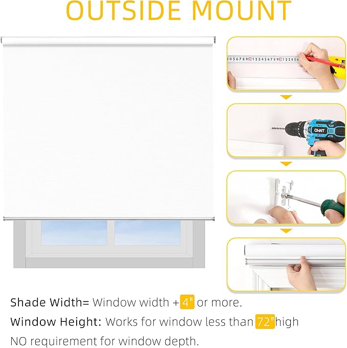 ChrisDowa Cordless 100% Blackout Roller Shade, with Striped Jacquard, Thermal Insulated, UV Protection Fabric, Total Blackout Blinds for Window, French Doors, Home and Office. White, 51" W x 72" H