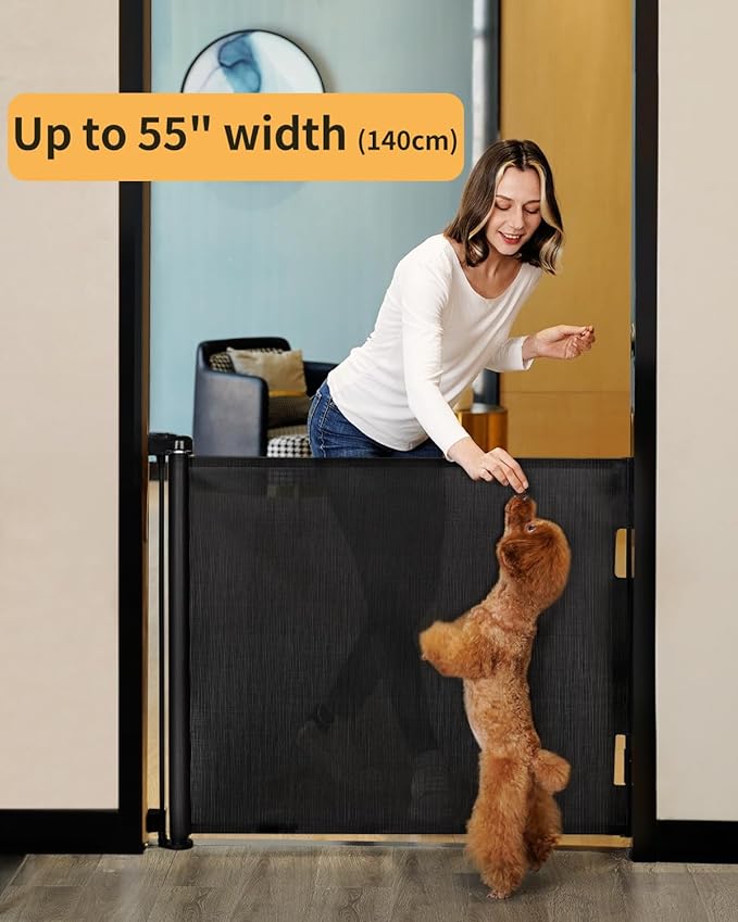 Retractable Baby Gate,Mesh Baby Gate or Mesh Dog Gate,33" Tall,Extends up to 55" Wide,Child Safety Gate for Doorways, Stairs, Hallways, Indoor/Outdoor（Black,33"x55"