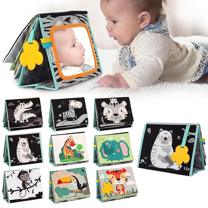 Tummy Time Mirror for Babies - High Contrast Baby Mirror Book with Silicone Teether & Crinkle Pages - Tummy Time Toys for Babies 0 3 6 9 Months