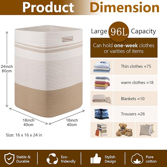 Laundry Basket, Large Woven Rope Tall Laundry Basket with Handles, Decorative Storage Basket for Clothes and Blankets in Living room, Bedroom