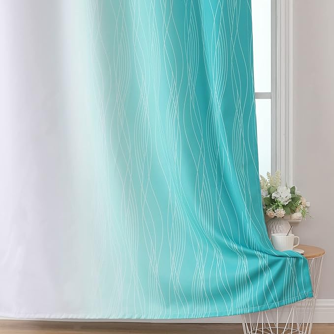 Estelar Textiler Teal and Greyish White Ombre Blackout Curtains 90 Inch Length 2 Panels Set, Thermal Insulated Drapes for Bedroom,Full Room Darkening Grommet Gradient Curtains for Living Room,52Wx90L