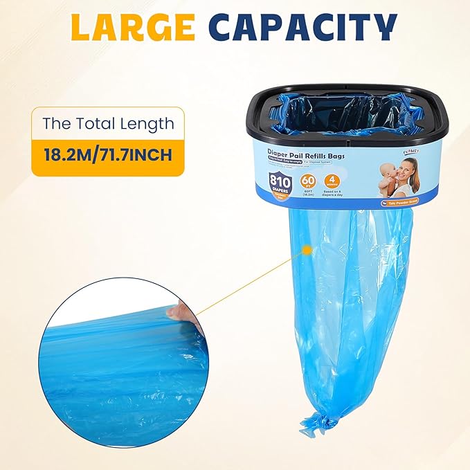 Diaper Pail Refill Bags,7-Layer Odor Prevention Technology,Thickened Design - Hold up to 810 Newborn-Sized Diaper Pail Bags- Pack of 6