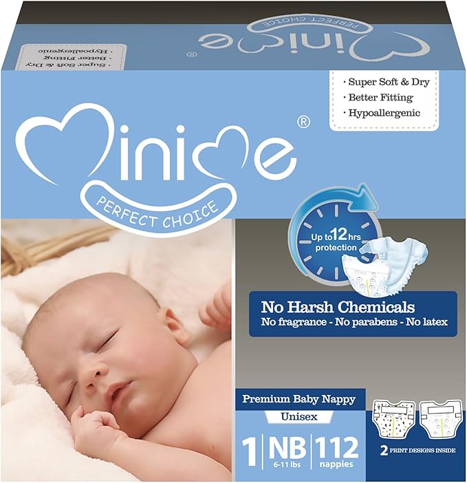 Minime Baby Diapers - Size 1, Newborn (6-11 lbs), 112 Count, Premium Ultra Soft Disposable Baby Diapers, Hypoallergenic, Fragrance Free