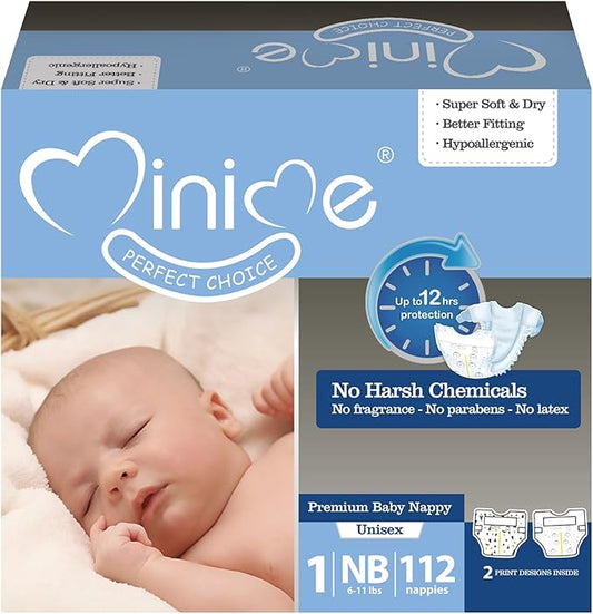 Minime Baby Diapers - Size 1, Newborn (6-11 lbs), 112 Count, Premium Ultra Soft Disposable Baby Diapers, Hypoallergenic, Fragrance Free