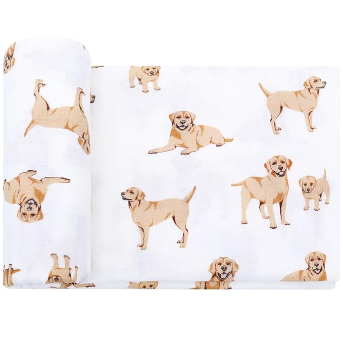 LifeTree Baby Swaddle Blankets Dog Pattern, Muslin Blankets Boys Girls Swaddling Wrap Receiving Blanket for Newborn, 70% Viscose from Bamboo and 30% Cotton, Large 47" x 47", Labrador