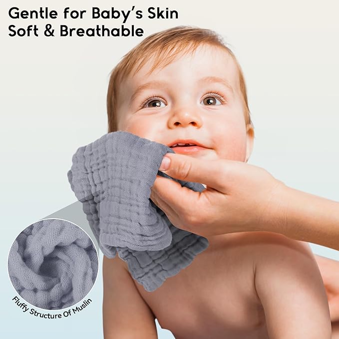 Unnivoll Muslin Baby Washcloths 6 Pack, 100% Cotton Wash Cloths for Babies, Large 12''X12'' Burp Cloths Absorbent and Soft for Newborn Infants Kids Boys Girls - White Gray