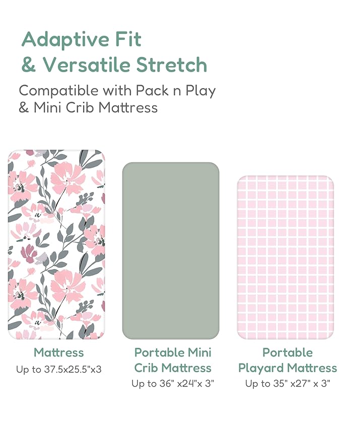 Pack and Play Sheets Fitted, Soft and Breathable Flower&Pink Checkered, Neutral Pack N Play Mattress Sheets, Hypoallergenic, Cozy and Safe, 2 Pack