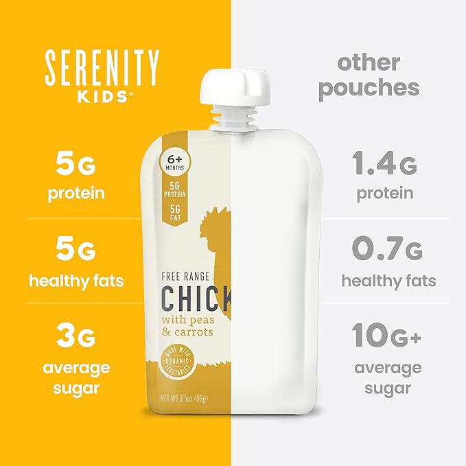 Serenity Kids 6+ Months Baby Food Pouches Puree Made With Ethically Sourced Meats & Organic Veggies | 3.5 Ounce BPA-Free Pouch | Free Range Chicken, Pea, Carrot | 1 Count