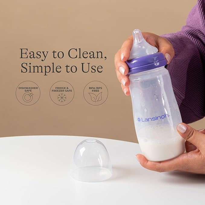 Lansinoh Anti-Colic Baby Bottles for Breastfeeding Babies, 11 Ounces, 4 Count, with 4 Fast Flow Nipples, Size F