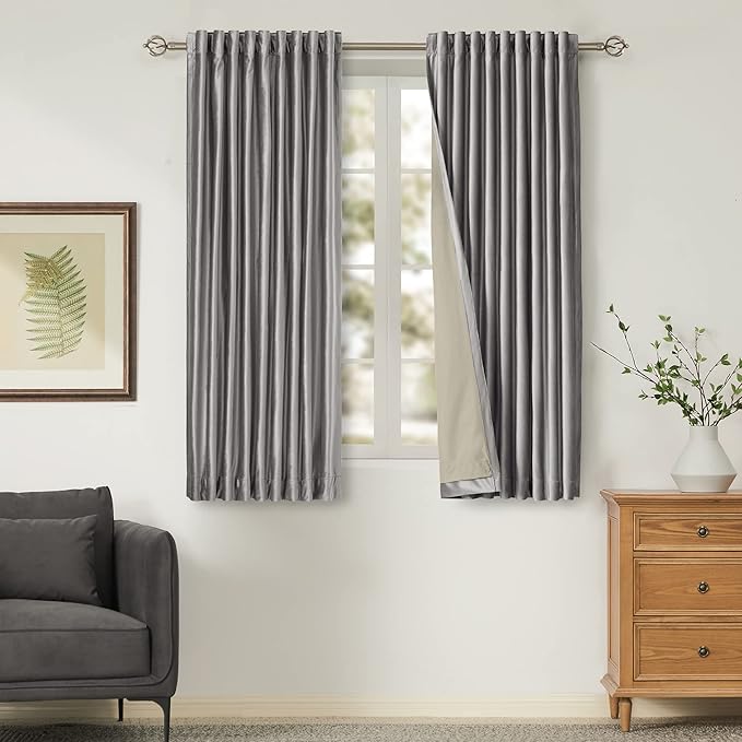 100% Full Blackout Silver Grey Velvet Curtains 63 inch Long for Living Room,Set of 2 Panels Liner Rod Pocket Back Tab Thermal Window Curtains Room Darkening Heavy Decorative Drapes for Bedroom