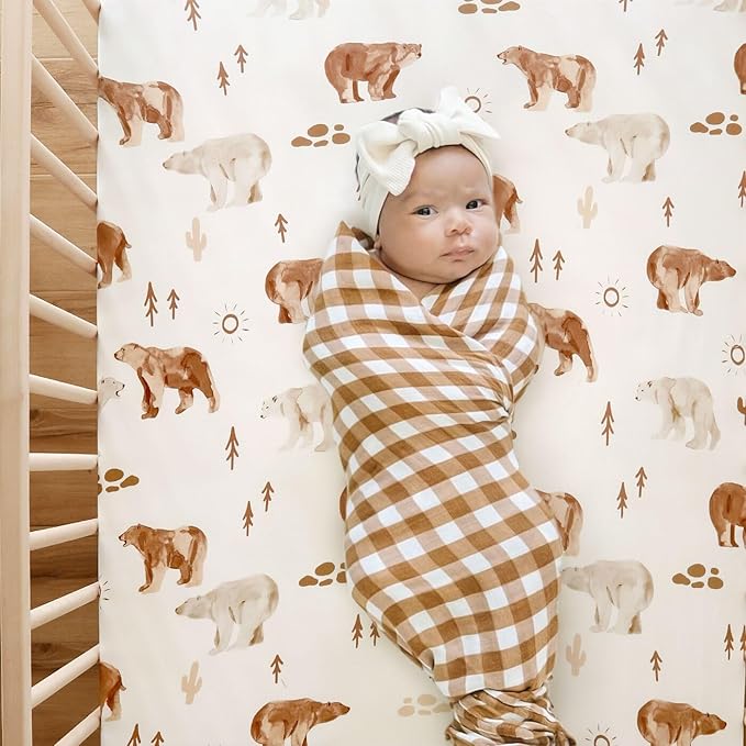 GRSSDER Stretchy Ultra Soft Jersey Knit Fitted Crib Sheets Set 2 Pack, Fit All Standard Crib Mattress Pads Safe and Snug, Crib Fitted Sheet for Boys and Girls, Stylish Print of Sunny Bear