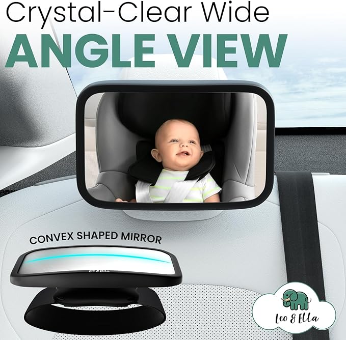 Leo&Ella Extra Large Baby Car Mirror for Tesla & Fixed Headrests, Secure View of Infant in Rear Facing Carseat with Continuous Loop System, 100% Shatterproof, 13.7 Inch Convex Mirror, 360 Rotation
