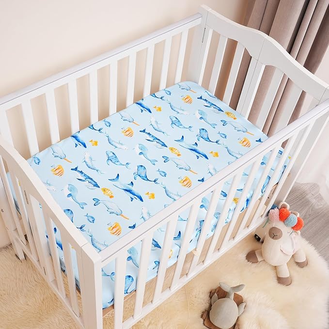 david's kids 3 Pack Mini Crib Sheets, Soft Breathable Premium Pack N Play Sheets for Baby Boys Girls Neutral, Playard and Mini Crib Mattresses, Whale