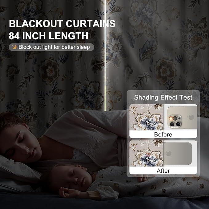 Floral Blackout Curtains for Bedroom and Living Room, Room Darkening Soundproof Thermal Insulated Blackout Curtains for Winter, Grommet Farmhouse Black Out Window Curtains 84 Inch Length 2 Panels Set