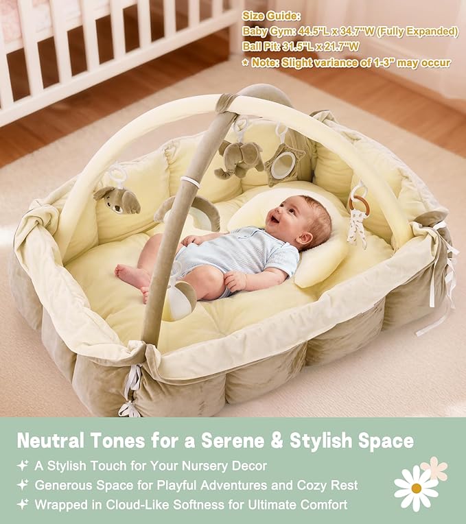 5-in-1 Baby Play Gym and Tummy Time Mat, Tummy Time Pillow & 12 Learning Cards, Plush Activity Mat with 6 Toys, Baby Gym, Convertible to Ball Pit, Cream