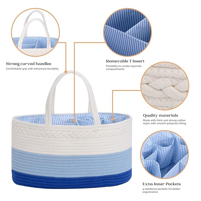 luxury little Diaper Caddy Organizer, Large Cotton Rope Nursery Baby Basket, Changing Table Organizer for Baby Diaper Storage, Portable Car Organizer Removable Divider (Blue, Extra Large)