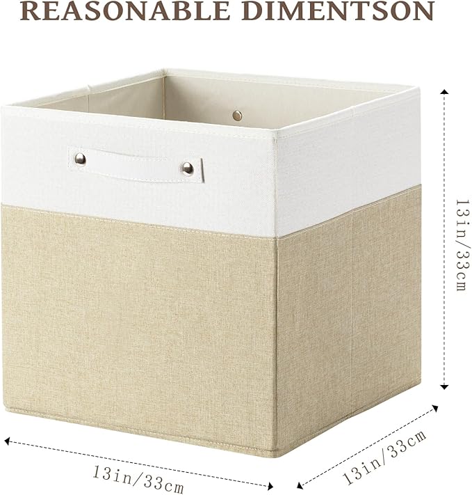 13 x 13 Inch Fine Linen Storage Bins with Handles，Fabric Cube Boxs，Basket Organizers for Shelves for Home, Closet Drawers (White/Khaki-4 Pack)