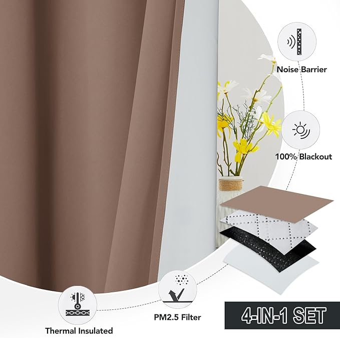 RYB HOME 4-in-1 Dust Filtering Soundproof Blackout Insulating Privacy Window Curtains for Nursery Bedroom Living Room Rivider Sound Absorption Sheet, Mocha, W52 x L84 inch, 2 Panels
