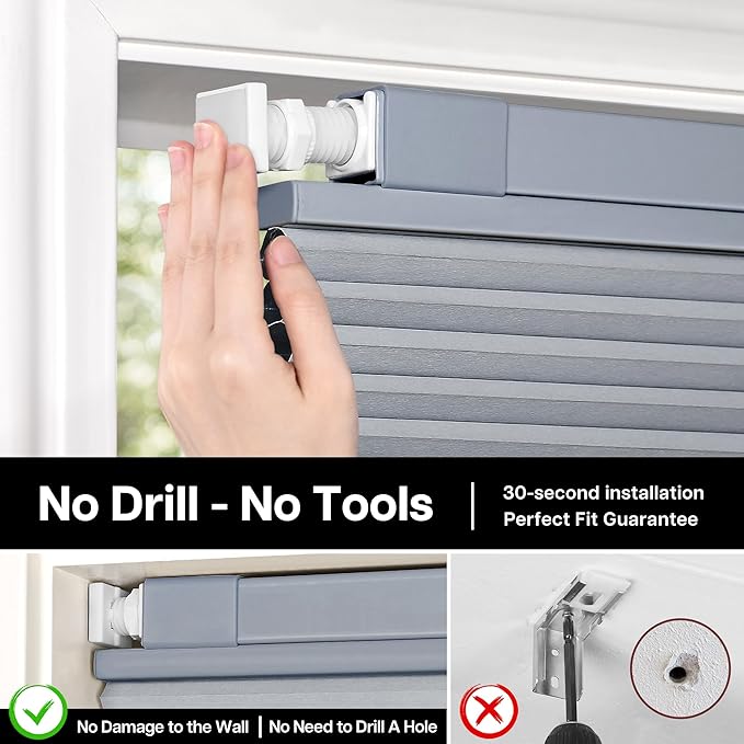 Lazblinds Upgraded Top Down Bottom Up (TDBU) Honeycomb Blinds, No Drill No Tools Easy Install Cordless Cellular Shades for Windows 20" W x 64" H, Dark Grey - Blackout