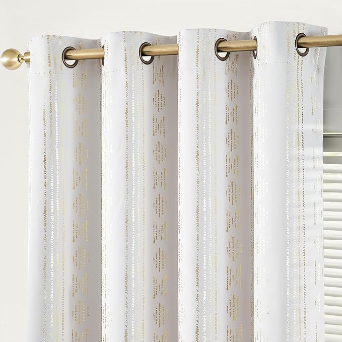 jinchan 95% Blackout Boho Curtains 72 Inches Long for Bedroom Living Room Golden Geometric Foil Printed Curtain Grommet Top Room Darkening Drapes Off White 52 x 72 2 Panels