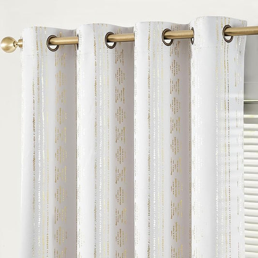jinchan 95% Blackout Boho Curtains 72 Inches Long for Bedroom Living Room Golden Geometric Foil Printed Curtain Grommet Top Room Darkening Drapes Off White 52 x 72 2 Panels