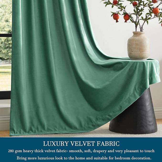 PRIMROSE Velvet Curtains 63 inch Long for Living Room,Set of 2 Panels Turquoise Aqua Blackout Rod Pocket Back Tab Window Treatment Room Darkening Heavy Decorative Curtains Drapes for Bedroom