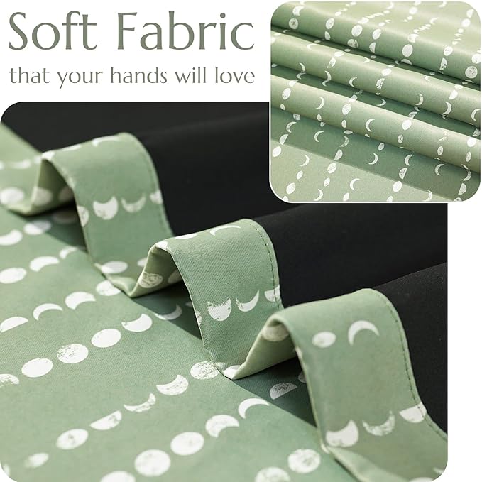 jinchan 95% Blackout Bohemian Moon Phase Print Bedroom Curtains 96 Inch Long Sage Green Pole Mouth Rear Label Insulation for Nursery Curtain Set 2 Panels