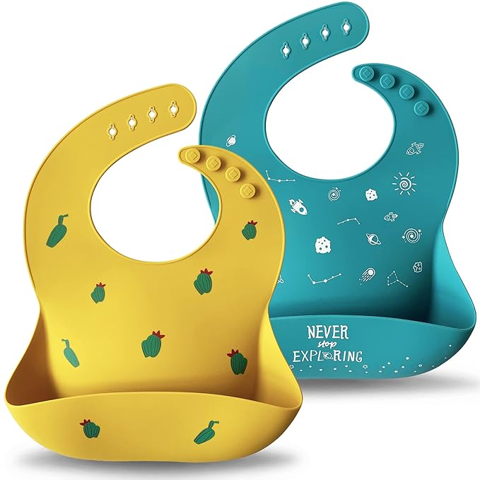Moonkie Silicone Baby Bibs Set of 2, BPA Free Waterproof Baby Bibs for Eating, Soft Adjustable Silicone Bibs for Babies 6-12 Months, Toddler Bibs with Large Pocket Food Catcher (Teal/Kodak)