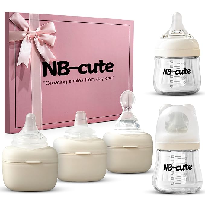Glass Baby Bottles Anti Colic Set 2 Pack 4oz and 6oz BPA Free Heat Resistant Borosilicate Glass with 3 Silicone Nipples Wide Neck Gift Box Baby Shower Easy to Sterilize for Newborn Infant 0-9 Months