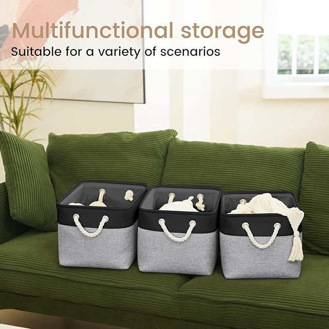 Large Storage Baskets- 15x11x10 inch Storage Bins for Shelves and Closet Organizing, Foldable Fabric Bin for Home Organization Clothes and Laundry (1-Pack, Black&Gray)