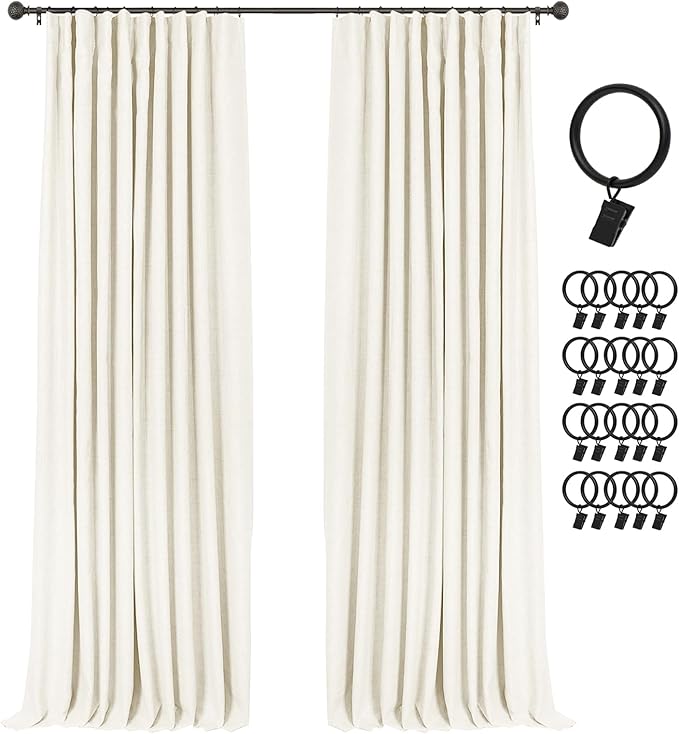 INOVADAY 100% Blackout Curtains for Bedroom, Black Out Curtains 102 Inch Long, Clip Rings Linen Blackout Drapes, Thermal Insulated Room Darkening for Living Room, 2 Panels - Lightcream,W50xL102