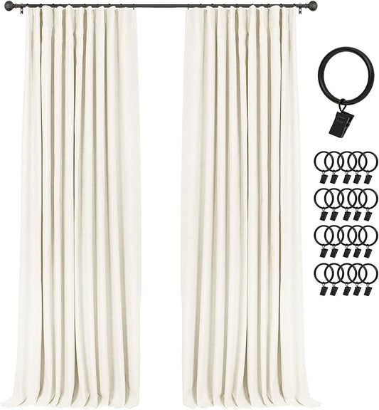 INOVADAY 100% Blackout Curtains for Bedroom, Black Out Curtains 96 Inch Long, Clip Rings Linen Blackout Drapes, Thermal Insulated Room Darkening for Living Room, 2 Panels - Lightcream,W50xL96