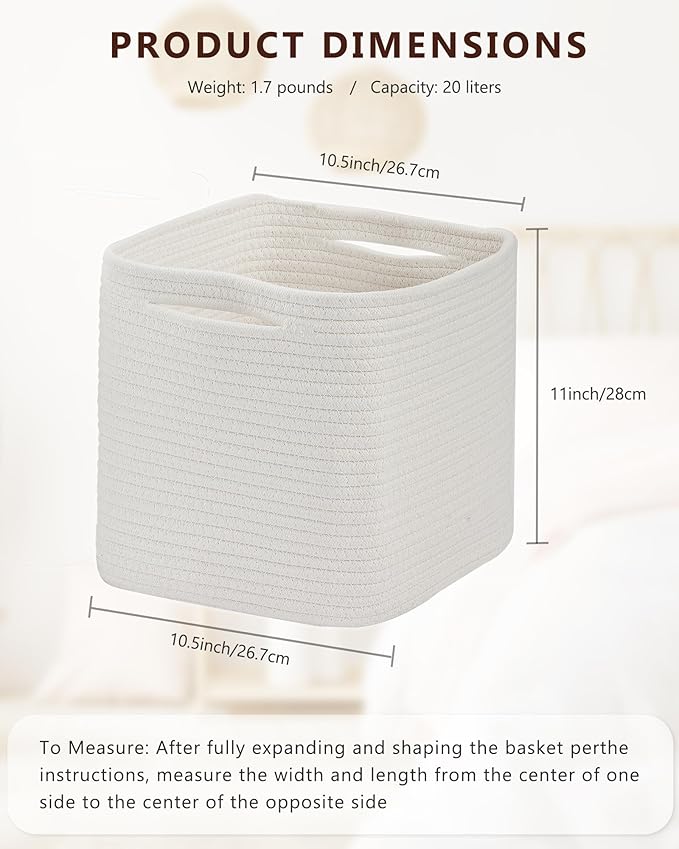 Cube Storage Bin 11" x 10.5" x 10.5" Cotton Rope Basket Square Woven Storage Basket for Shelves, Closet Organizer, Soft Towel Sock Basket, White, 1 Pack