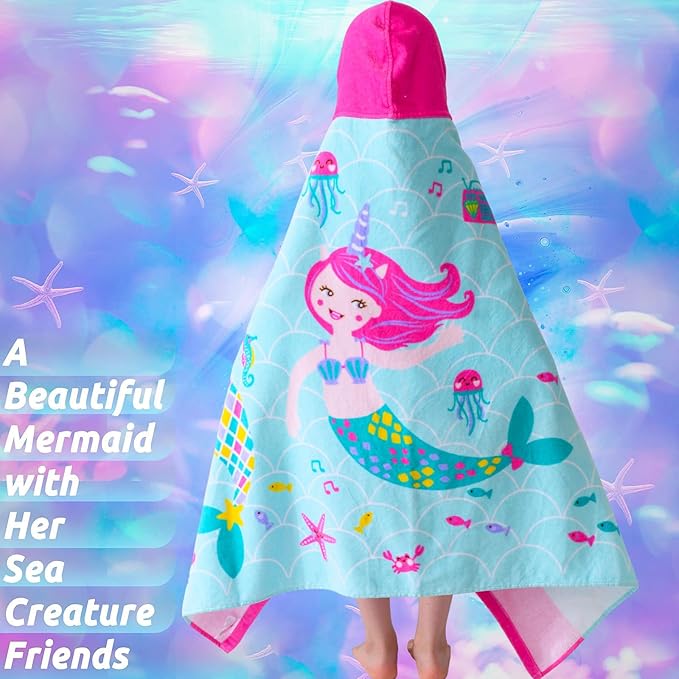 VOOVA & MOVAS Kids Hooded Beach Towel Age 3-8, 30''X50,Soft | Thick | Large | 100% Cotton,Absorbent Beach, Bath, Pool Towels Wrap for Girls, Sea Mermaid