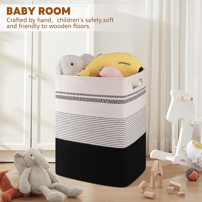 Laundry Basket, Large Woven Rope Tall Laundry Basket with Handles, Decorative Storage Basket for Clothes and Blankets in Living room, Bedroom