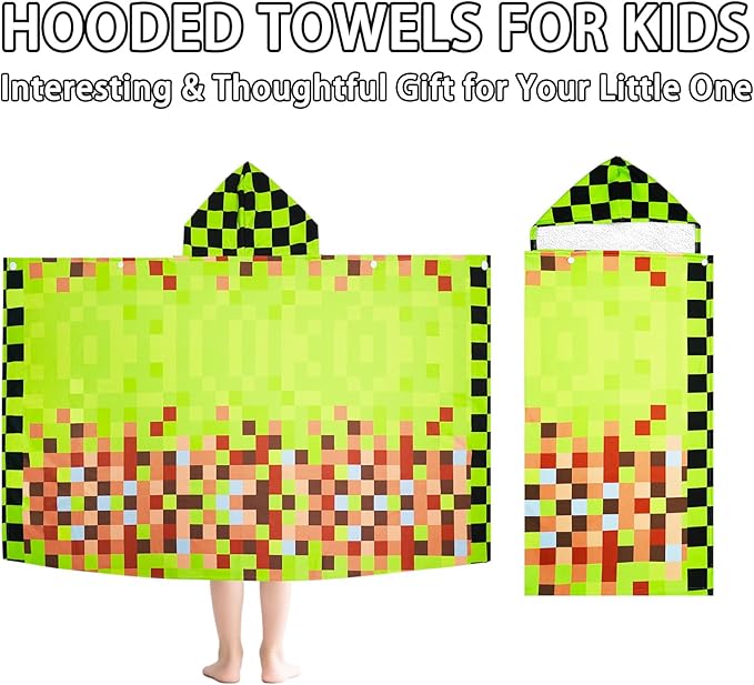 Hooded Towels for Kids- Ultra Soft 100% Cotton Game Style Toddler Hood Bath Towels/Pool Terry Towel Beach Poncho Wrap Absorbent Cute Bath & Swim Wrap for Boys & Girls 3-10 Years - Green