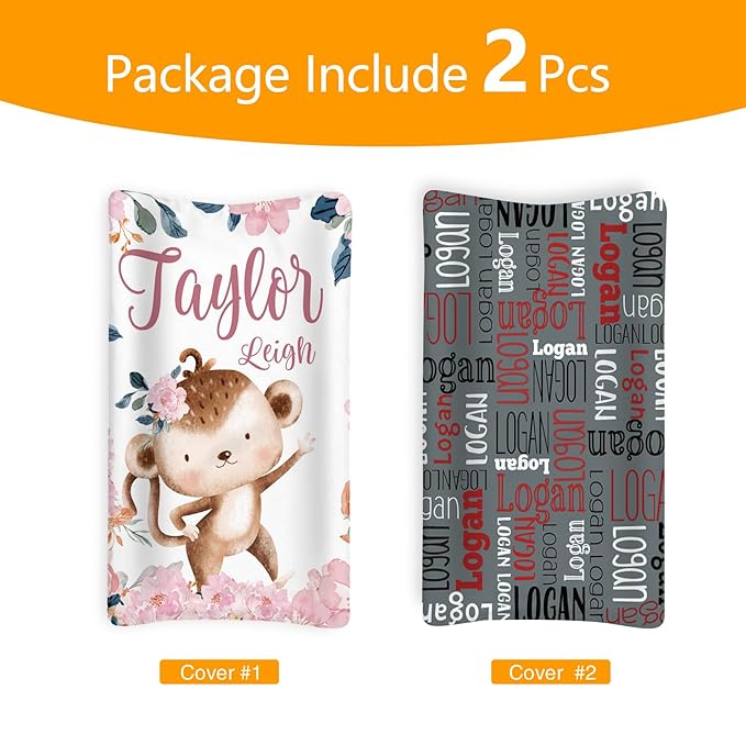 Custom Changing Pad Cover Set - Jersey Knit Ultra Soft Unisex Waterproof Diaper Changing Table Covers with Personalized Name for Baby Boys Girls - Comfy Cozy 2 Pcs Set Style14