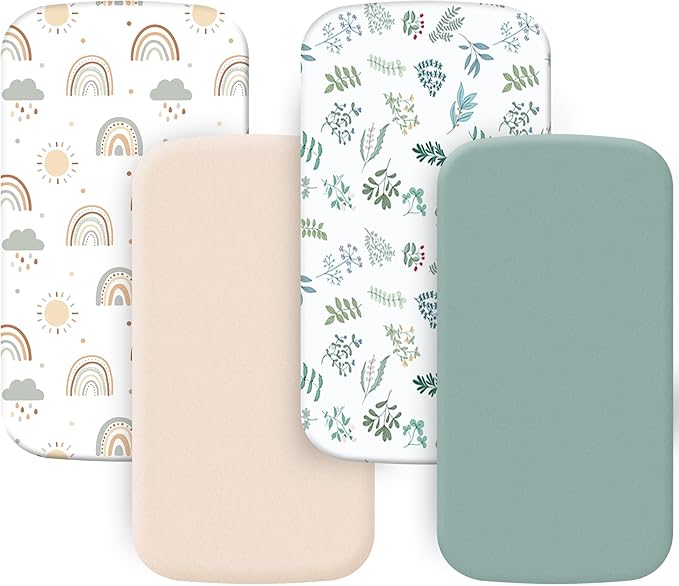4 Pack Bassinet Fitted Sheets Compatible with 21" x 35" Amke, Ezebaby, Evolur Stellar and Mereryi Baby Bassinet, Soft and Skin-Friendly, Mint Green and Color Rainbow