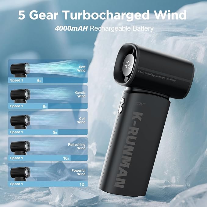 Portable Handheld Turbo Fan, 5 Gear Wind, Battery Operated, Up to 12 Working Hours, LED Display with Air Turbo Tech Cooling Fan for Outdoor Activities, Travel, Beach (Black)