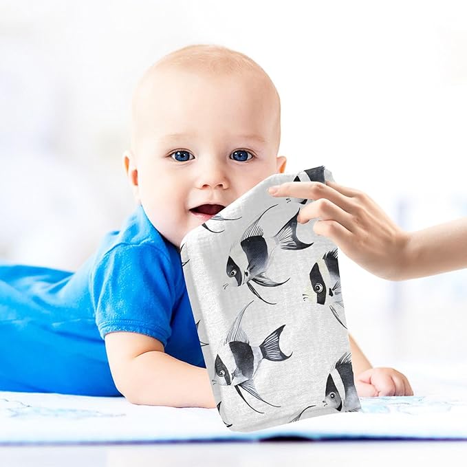vvfelixl Baby Muslin Washcloths Black and White Angelfish Baby Burp Cloths Cotton Babys Face Towel for Newborn Infants Boys Girls Soft and Absorbent 11.8 X 11.8 in, 3 Pack