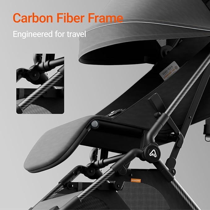 MAMAZING Lightweight Baby Travel Stroller with Carbon Fiber Frame, Compact & Airplane-Friendly, One-Handed Folding Design, 11.6 lbs, Perfect for Toddlers, Organizer & Cushion Included, Black