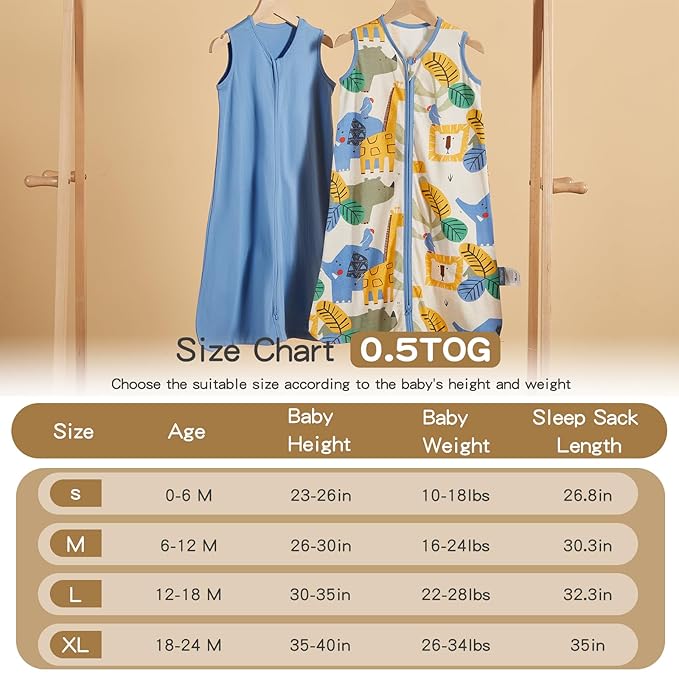 TILLYOU 2 Pack Infant Sleep Sack 0-6 Months 100% Cotton Wearable Blanket 0.5 TOG Sleeveless Summer Sleep Sacks with 2-Way Zipper, Animal Geometry & Blue