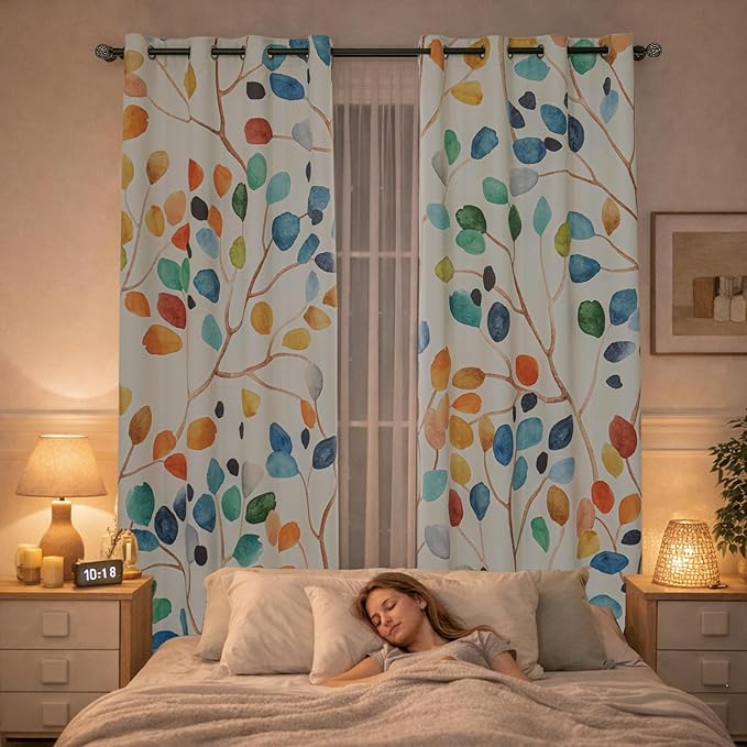 Boho Watercolor Leaf Floral Blackout Curtains, Colorful Bohemian Print Window Drapes, Grommet 2 Panels Set for Bedroom Living Room Home Decor, 52x84 Inch